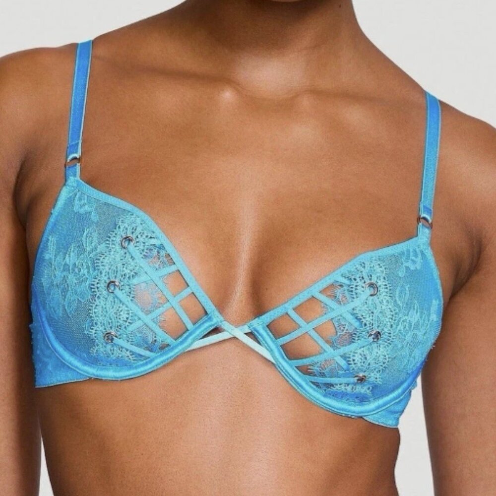 Victoria's Secret Very Sexy Unlined Bra 34DD Women strappy Sheer lace up New VS